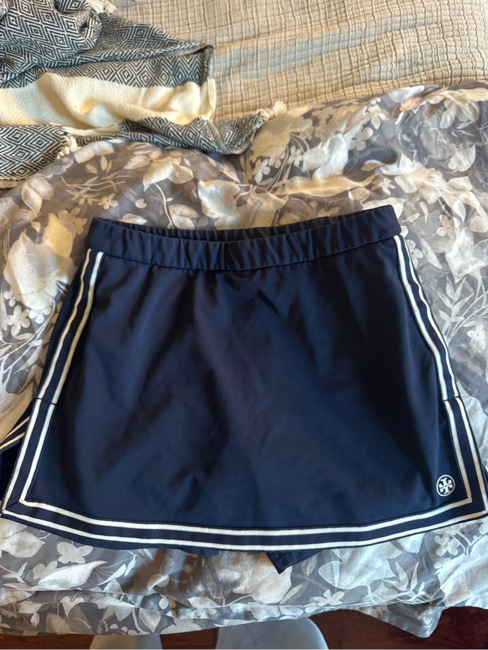 Tory Burch Navy Mini Skirt with White Stripe Trim